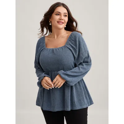 Bloomchic Women's Plus Size Ribbed Gathered Square Neck Knit Top Mediumblue Long Sleeve Elegant Square Neck 10