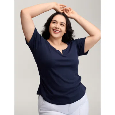 Bloomchic Women's Plus Size Ribbed High Stretch Split Neck T-shirt Indigo Non Casual Short Sleeve 26/4x In Purple
