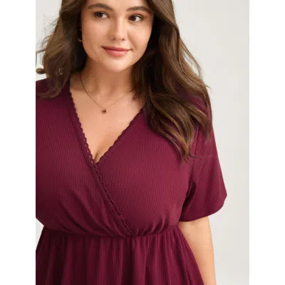Bloomchic Women's Plus Size Ribbed Lace Surplice Flared Solid Blouse Burgundy Short Sleeve Elegant 10/m