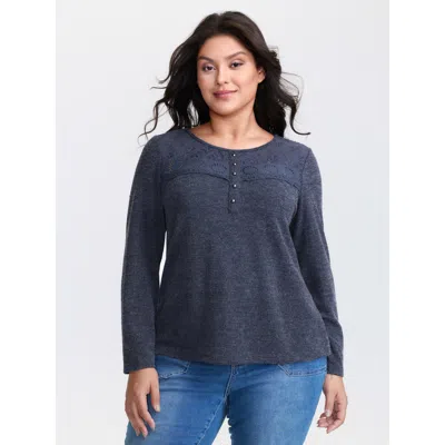 Bloomchic Women's Plus Size Ribbed Lace Trim Button Detail T-shirt Darkblue Non Casual Long Sleeve 18-20/2x In Blue