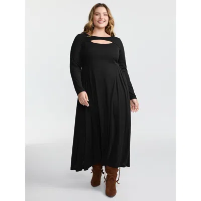 Bloomchic Women's Plus Size Ribbed Pleated Neck Cut-out Knit Dress Black Casual Maxi 22-24/3x
