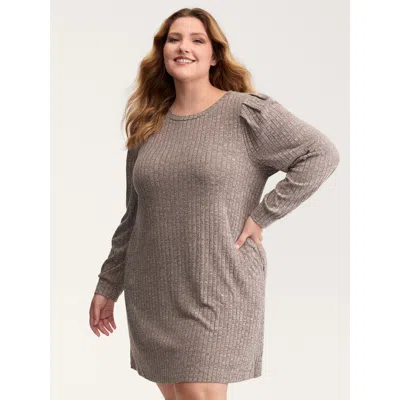 Bloomchic Women's Plus Size Ribbed Puffy Sleeve Knee-length Sweater Dress Browncoffeecolor Non Tunic Casual Te
