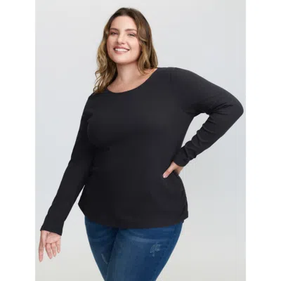 Bloomchic Women's Plus Size Ribbed Round Neck Cozy T-shirt Black Solid Casual Long Sleeve Round Neck 10/m