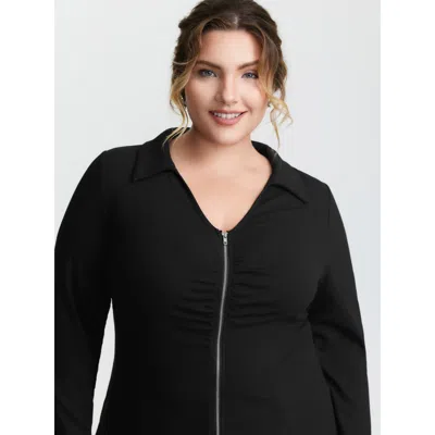 Bloomchic Women's Plus Size Ribbed Ruched Two-way Zipper Knit Top Black Extra Long Sleeve Casual 18-20/2x