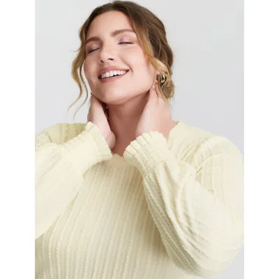 Bloomchic Women's Plus Size Ribbed Shirred Fitted T-shirt Ivory Stripes Elegant Long Sleeve 12/l In White