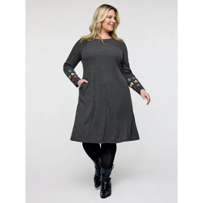 Bloomchic Women's Plus Size Ribbed Star Print Sleeve Pockets Midi Dress Black Geometric Knee Casual 10/m