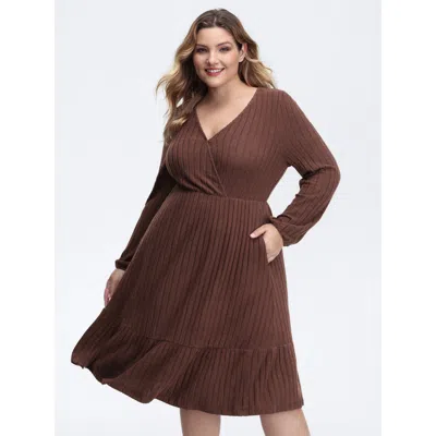 Bloomchic Women's Plus Size Ribbed Stretchy Cinched-waist Knit Midi Dress Browncoffeecolor Casual Knee 10/m