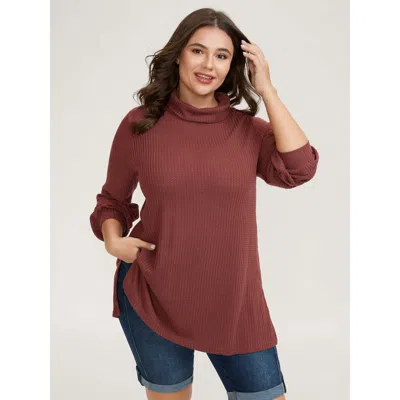 Bloomchic Women's Plus Size Ribbed Stretchy Turtle Neck T-shirt Rust Synthetic Texture Casual Extra Long Sleev In Brown