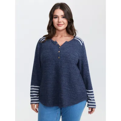 Bloomchic Women's Plus Size Ribbed Stripe Button Placket T-shirt Darkblue Stripes Casual Extra Long Sleeve 10/ In Blue