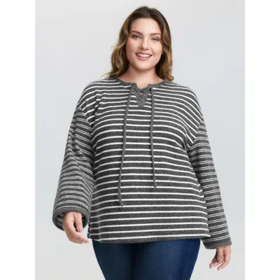 Bloomchic Women's Plus Size Ribbed Stripe Textured Neck-tie T-shirt Dimgray Stripes Casual Long Sleeve 10/m