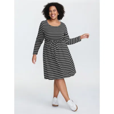 Bloomchic Women's Plus Size Ribbed Striped Pockets Belted Midi Dress Black Stripes Midi Casual Non 12/l