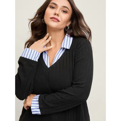 Bloomchic Women's Plus Size Ribbed Striped Stretchy Sweatshirt Top Black Not Graphics Office Collared Neck 22-