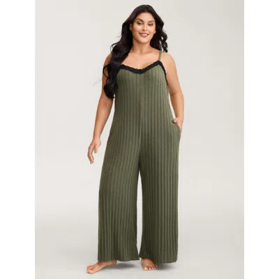 Bloomchic Women's Plus Size Ribbed Texture Lace Adjustable Lounge Jumpsuit Armygreen Maxi 14-16/1x
