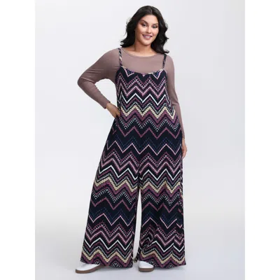 Bloomchic Women's Plus Size Ribbed Wavy Print Stretchy Lounge Jumpsuit Darkblue Maxi 12/l In Blue