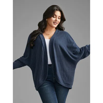 Bloomchic Women's Plus Size Ribbedcurved Hem Kimono Aegean Texture O-line 12/l In Blue