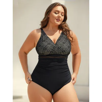 Bloomchic Women's Plus Size Ribbon Lace Trim One-piece Swimsuit Black Solid Ruched Adaptive-fit 30/6x