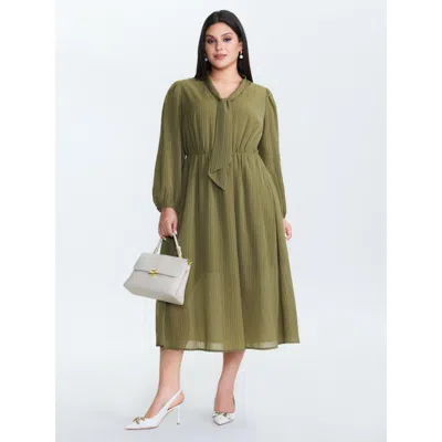 Bloomchic Women's Plus Size Ribbon Neckline Puffy Sleeve Midi Dress Olive Stripes Midi Office 12/l In Green