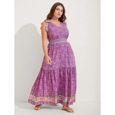 Bloomchic Women's Plus Size Ribbon Shoulder Tie Tiered Maxi Dress Darkviolet Bohemian Print Maxi Vacation Wove