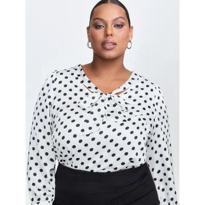 Bloomchic Women's Plus Size Ribbon-tie Neckline Polka Dots Blouse Whitesmoke Polka Dots Office Extra Long Slee