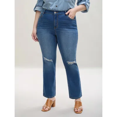Bloomchic Women's Plus Size Ripped Mid-rise Straight-leg Jeans Denimblue Non Straight Fit Medium Stretch 10/m In Blue