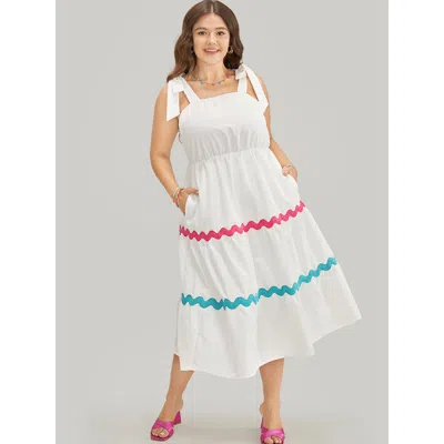 Bloomchic Women's Plus Size Ripple Print Contrast Pocket Flutter Hem Knot Shoulder Tank Dress White Dailywear 