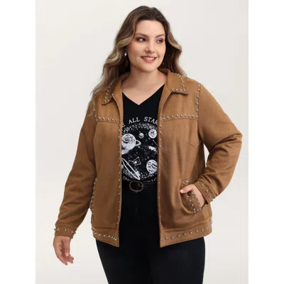 Bloomchic Women's Plus Size Rivet Open-front Collar Jacket Yellowishbrown H-line 10/m