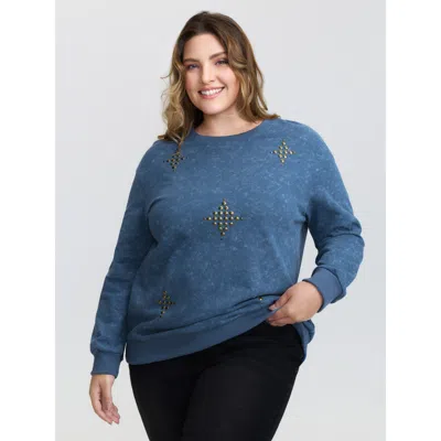 Bloomchic Women's Plus Size Rivets Detail Vintage Sweatshirt Mediumblue Casual 12/l