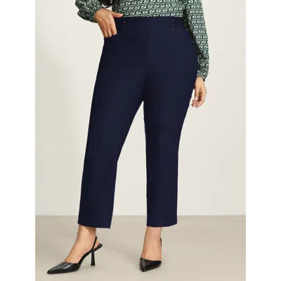 Bloomchic Women's Plus Size Rivets Wide Waistband Stretchy Pants Midnight Solid Bootcut High Rise Office 10/m In Blue