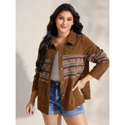 Bloomchic Women's Plus Size Rodeo Boho Print Button Front Jacket Yellowishbrown Colorblock H-line 12/l