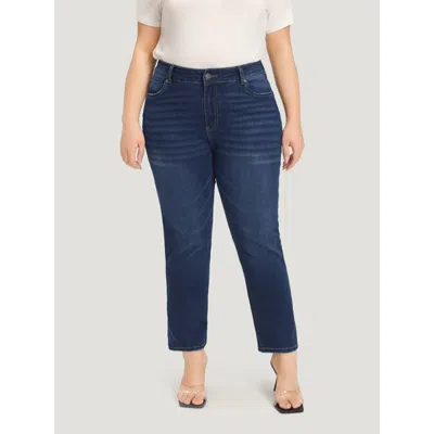 Bloomchic Women's Plus Size Roll Hem High Rise Pocket Very Stretchy Jeans Darkblue Plain Plain High Stretch 12 In Blue