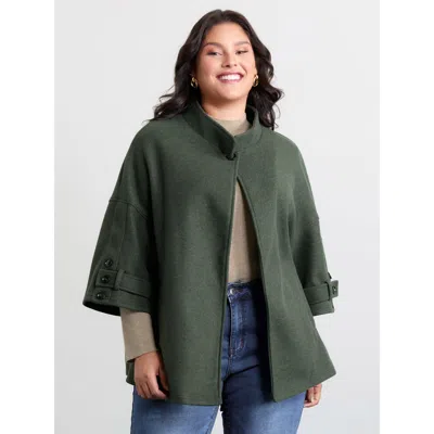 Bloomchic Women's Plus Size Rolled Button Sleeve Pockets Coat Darkgreen Button A-line 10/m In Green