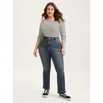 Bloomchic Women's Plus Size Rolled Cuff Straight-leg Jeans Darkindigo Non Slight Flare High Stretch 10/m In Purple
