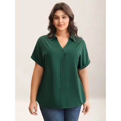 Bloomchic Women's Plus Size Rolled Hem Sleeve Collar Plain Blouse Darkgreen Solid Office Short Sleeve Collared In Green