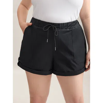 Bloomchic Women's Plus Size Rolled Hem Straight-leg Drawstring Shorts Black Casual Wide Leg Roll Hem Shorts 10