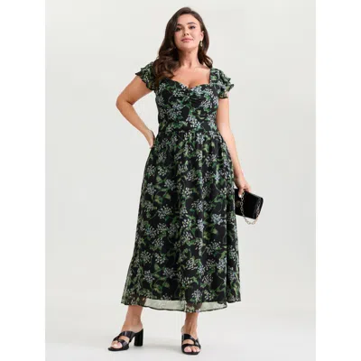 Bloomchic Women's Plus Size Romantic Floral Print Backless Tie Maxi Dress Black Ditsy Floral Maxi Elegant Gath