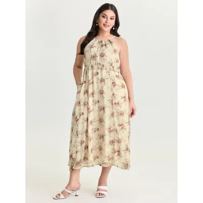 Bloomchic Women's Plus Size Romantic Floral Print Halter Neckline Maxi Dress Beige Maxi Elegant Cold Shoulder  In Sand