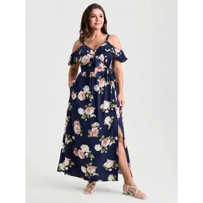 Bloomchic Women's Plus Size Romantic Floral Print High Slit Maxi Dress Darkblue Ditsy Floral Maxi Elegant Over In Blue