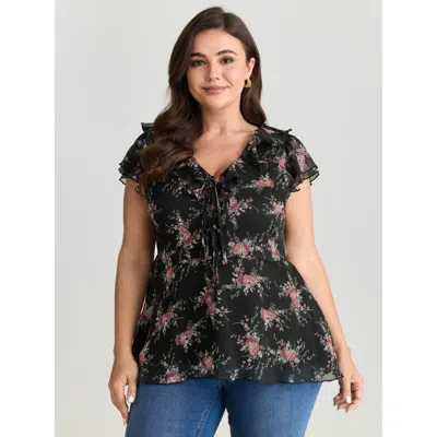 Bloomchic Women's Plus Size Romantic Floral Print Layered Ruffled Sleeve Blouse Black Ditsy Floral Elegant Sho