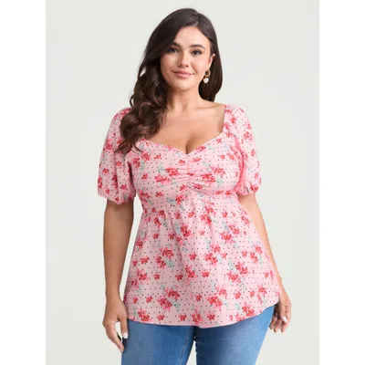 Bloomchic Women's Plus Size Romantic Floral Print Ruched Blouse Blush Floral Elegant Short Sleeve V-neck 10/m In Pink