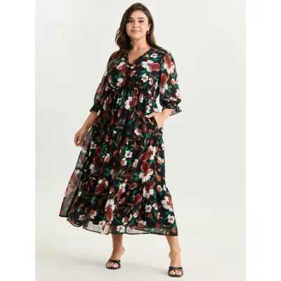 Bloomchic Women's Plus Size Romantic Floral Print Ruffled Edge Maxi Dress Blackflower Floral Maxi Elegant Ruff