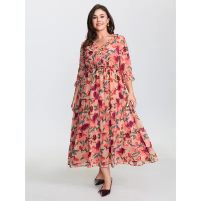 Bloomchic Women's Plus Size Romantic Floral Print Ruffled Edge Maxi Dress Crepe Floral Maxi Elegant Ruffles 10