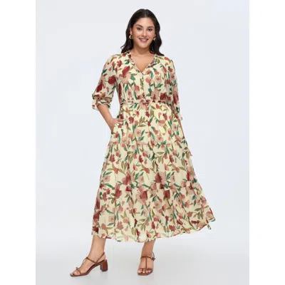 Bloomchic Women's Plus Size Romantic Floral Print Ruffled Edge Maxi Dress Ivory Floral Maxi Elegant Ruffles 12 In White