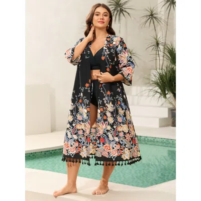 Bloomchic Women's Plus Size Romantic Floral Print Vacation Kimono Cardigan Black Tassels Fit & Flare 10/m