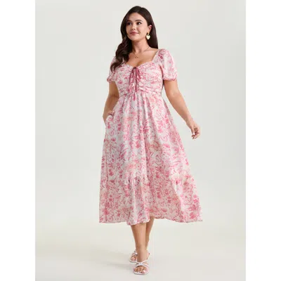 Bloomchic Women's Plus Size Romantic Floral Ruched Bodice Stretchy Waist Midi Dress Watermelon Ditsy Floral Mi In Green
