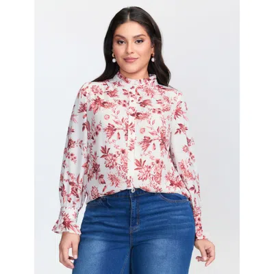 Bloomchic Women's Plus Size Romantic Floral Ruffled Collar Ribbon Blouse Scarlet Ditsy Floral Elegant Extra Lo In Red