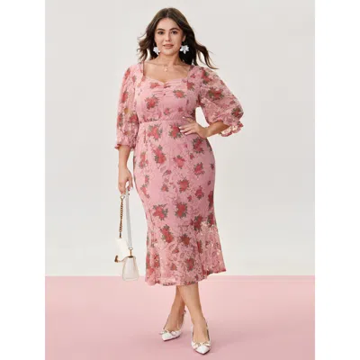 Bloomchic Women's Plus Size Romantic Lace Print Pockets Midi Dress Crepe Ditsy Floral Midi Elegant Mesh Panel 