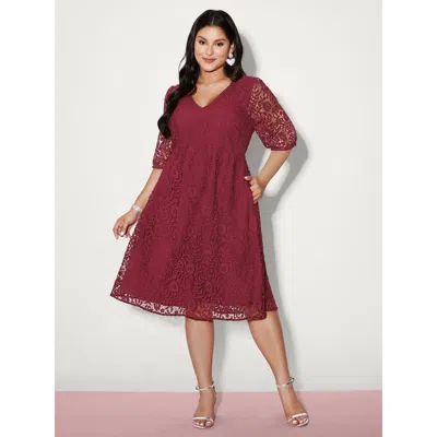Bloomchic Women's Plus Size Romantic Lace Trim Puff Sleeve Midi Dress Scarlet Solid Midi Party Mesh Panel 26/4 In Red