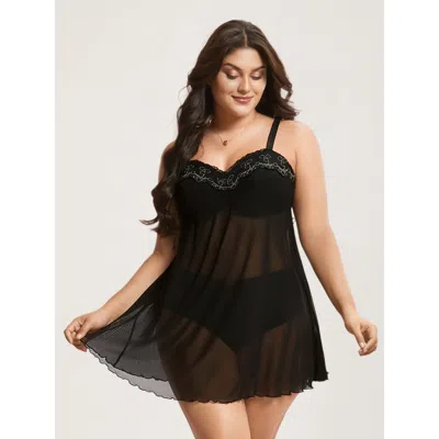 Bloomchic Women's Plus Size Romantic Lace Trim Stitch Mesh Nightgown Black Sleeveless Tunic 10/m