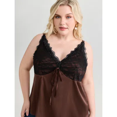 Bloomchic Women's Plus Size Romantic Lace Trim Tie Tank Top Darkbrown Elegant Fitted Flared Cold Shoulder 12/l In Brown