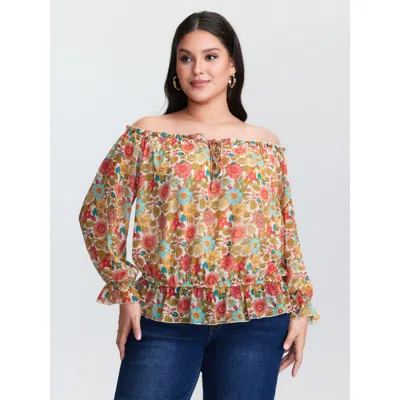 Bloomchic Women's Plus Size Romantic Off-shoulder Floral Print Blouse Orangered Ditsy Floral Elegant Long Slee